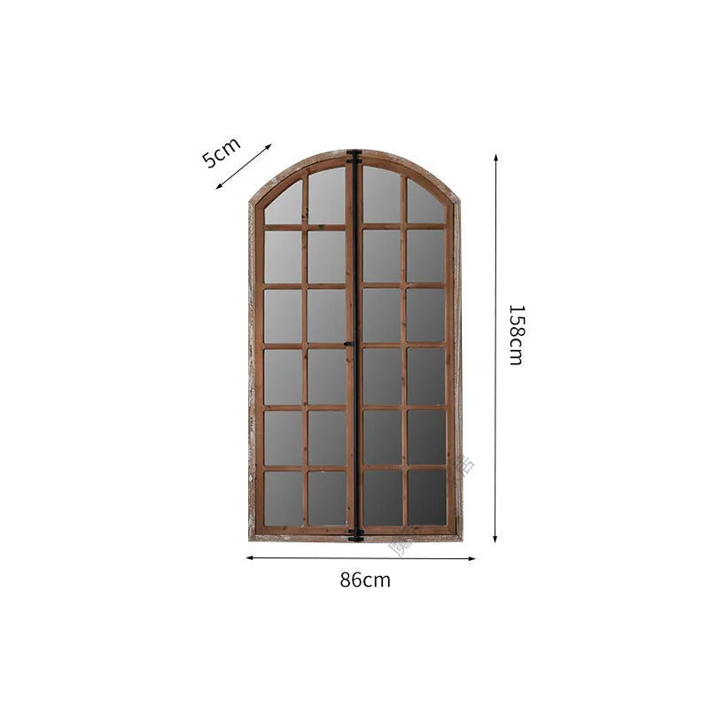 Distressed log colour wooden frame wall mirror with fake window design for terrace decoration