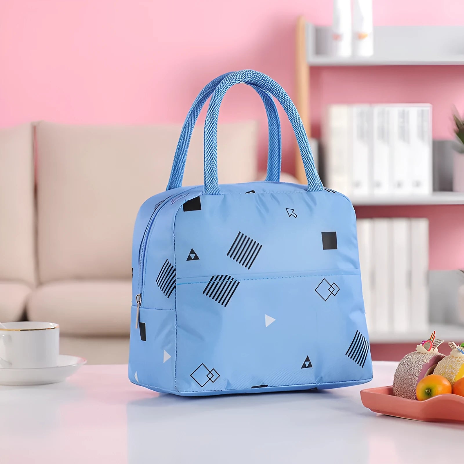 Insulated thermal lunch bag handbag in Oxford cloth with aluminium foil, showing colour options.