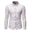 Men's lapel shirt with metallic bronzing print in wine red, showcasing cardigan style and long sleeves.