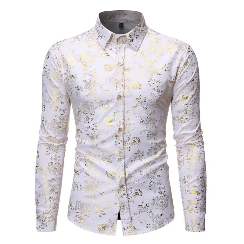 Men's lapel shirt with metallic bronzing print in wine red, showcasing cardigan style and long sleeves.