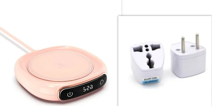 USB-powered coffee mug warmer in white on a desk with a ceramic mug