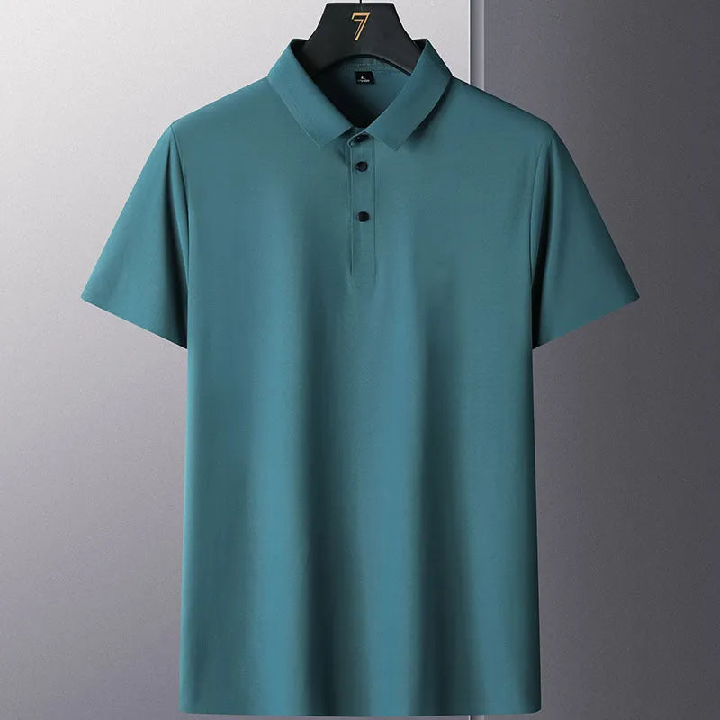 Men's solid colour non-iron short sleeve business shirt in nylon fabric on a hanger.