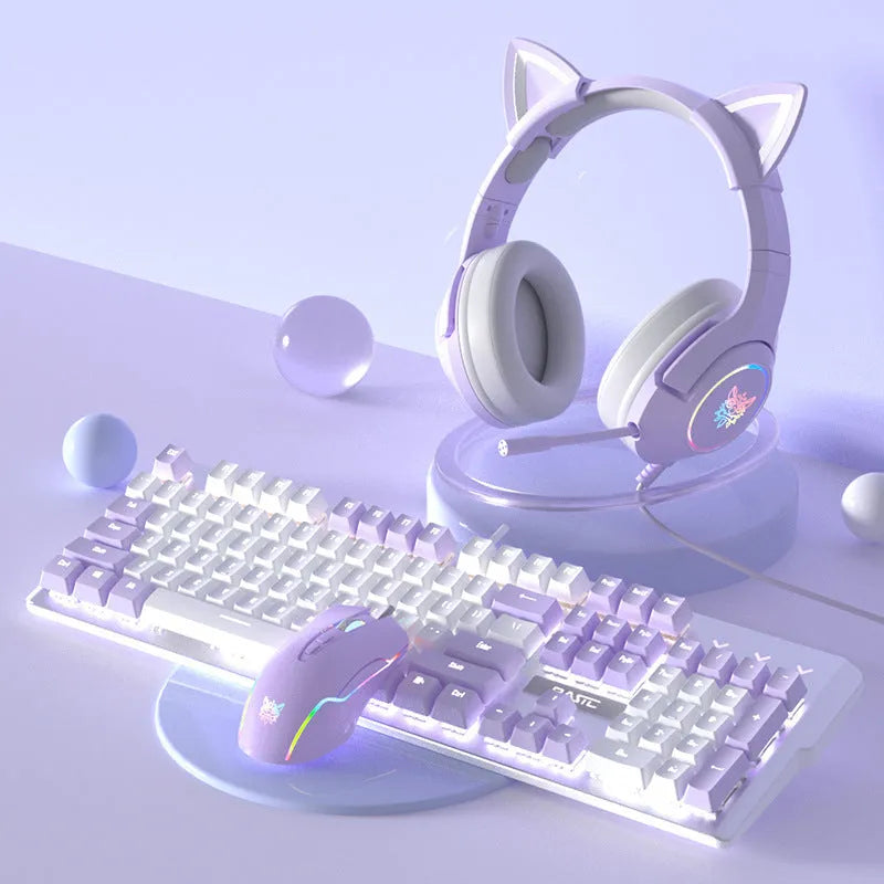Purple and white mechanical keyboard and optical mouse set with backlighting on desktop
