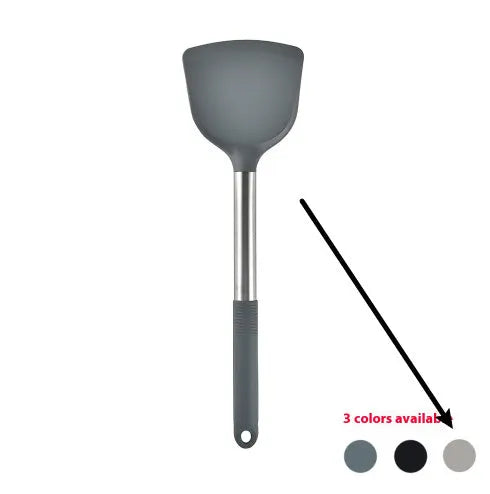 12-piece black silicone kitchen utensil set including spatula, spoon, and claw tools in a rotating storage bucket on a kitchen counter.