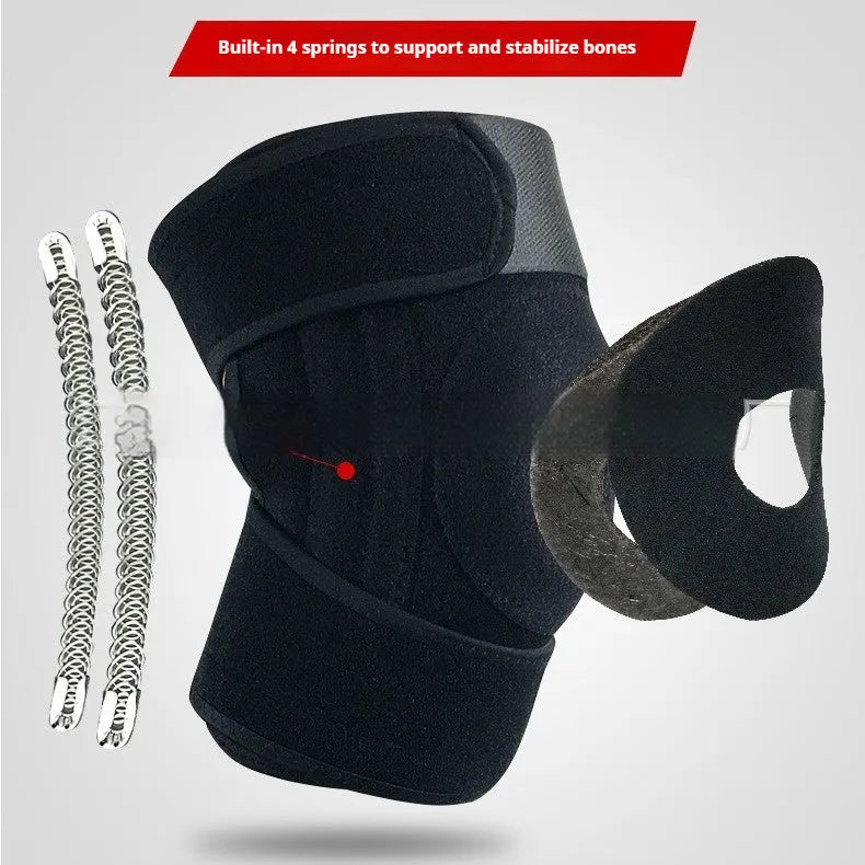 Spring support knee pad for sports with adjustable spring options and nylon mercerised cloth construction