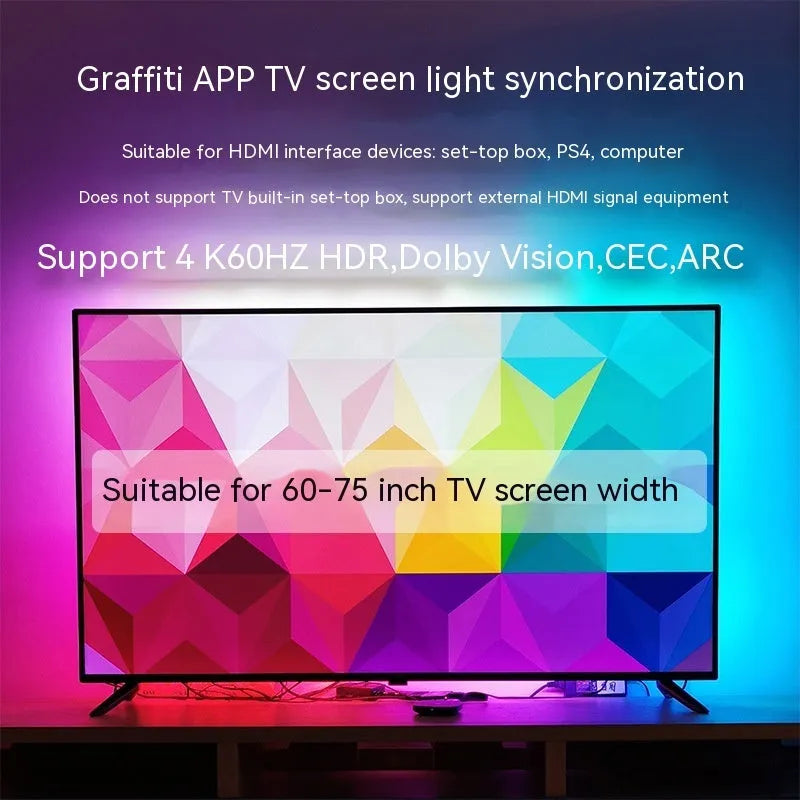 TV ambience light strip with colourful LED illumination positioned behind television for background lighting effects