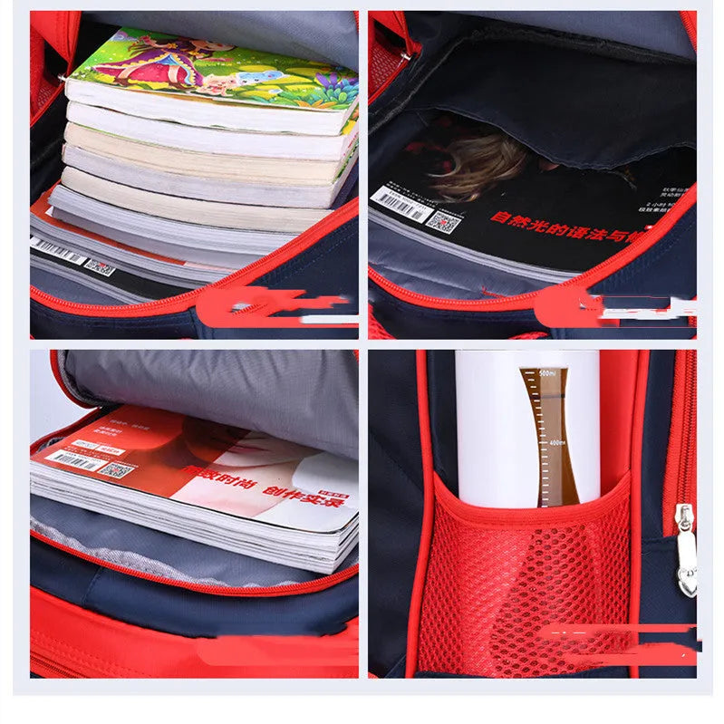 Blue cartoon-print children's school backpack with pencil case on a strap.