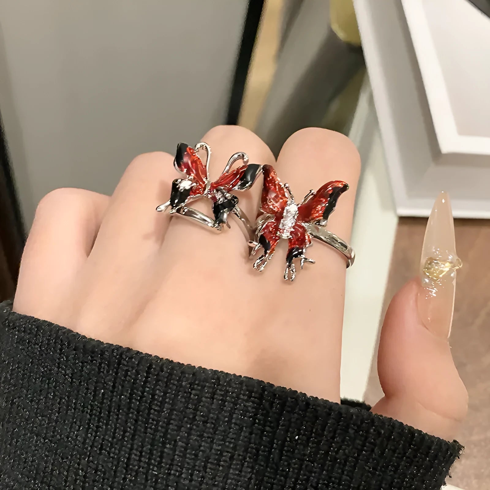 Copper women's ring with Chinese butterfly design and oil-drip finish in simple jewellery style