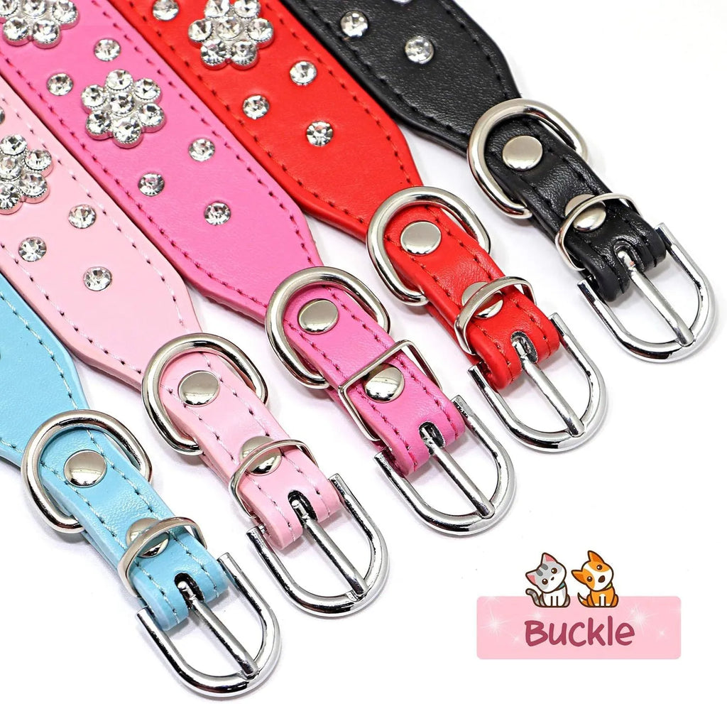 A black PU leather dog collar with a sparkling rhinestone flower pattern and metal studs, showing an adjustable metal buckle.