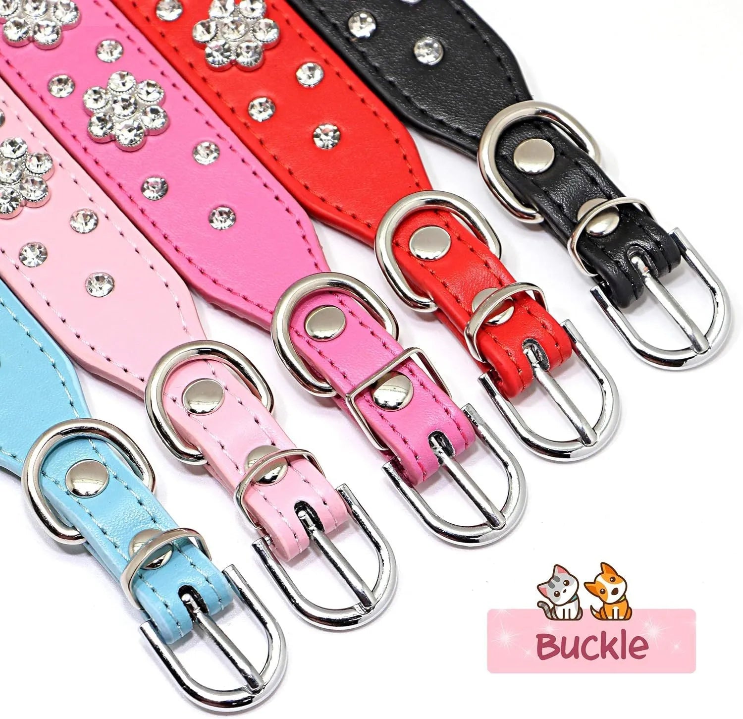A black PU leather dog collar with a sparkling rhinestone flower pattern and metal studs, showing an adjustable metal buckle.