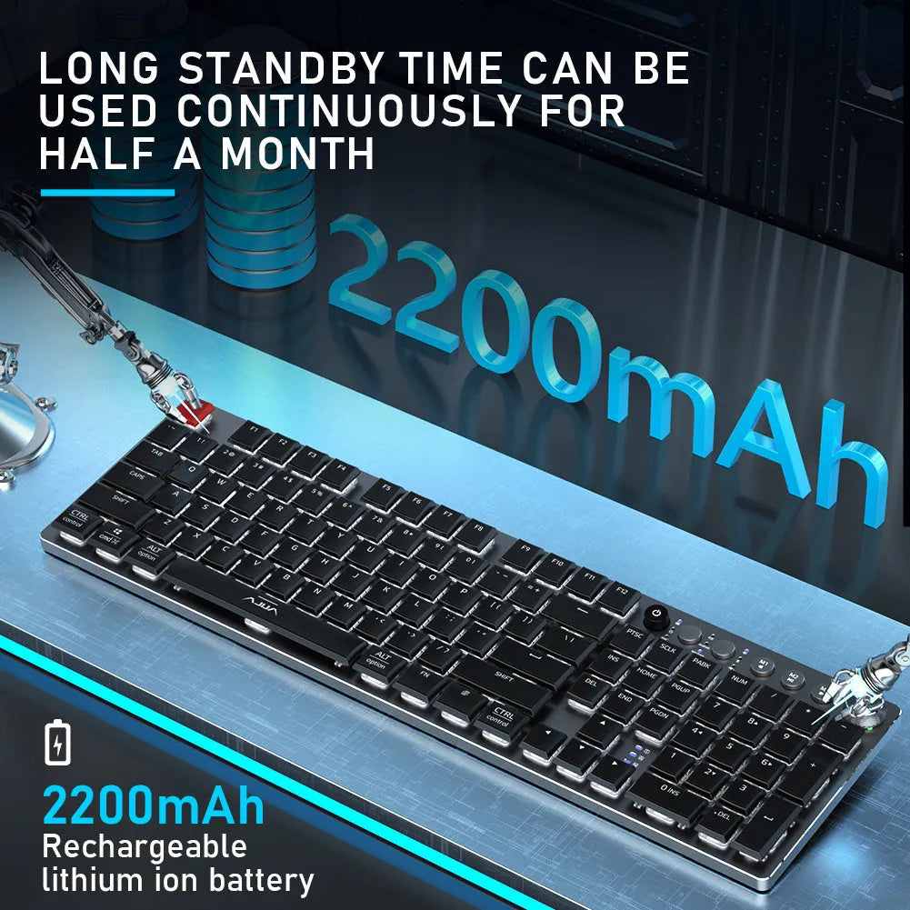 Wireless mechanical keyboard with 104 keys, black shaft, blue backlight, slim profile on desk