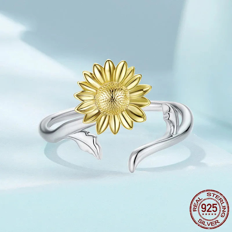 S925 sterling silver sunflower ring with adjustable opening in pastoral style for women