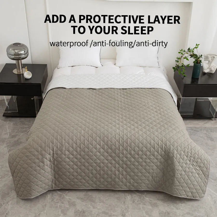 Chemical fibre bedspread with geometric pattern in black, showing sanding finish texture