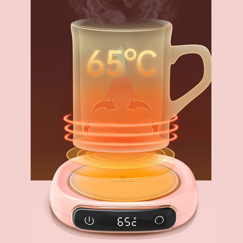 USB-powered coffee mug warmer in white on a desk with a ceramic mug