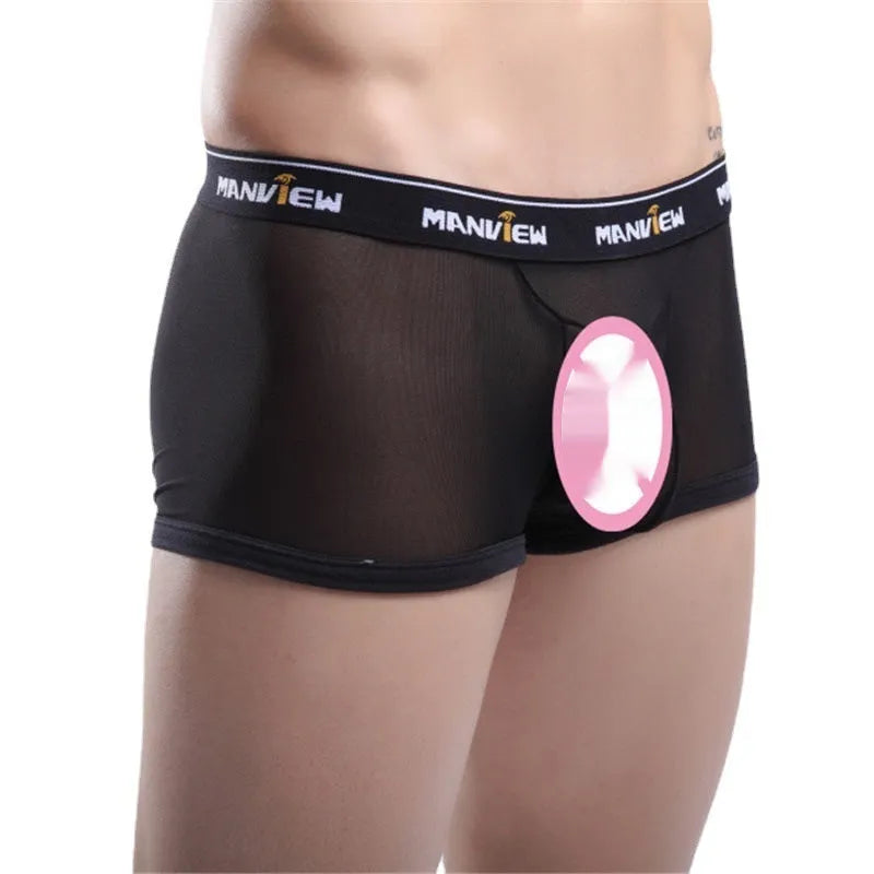 Men's solid colour mesh boxer briefs laid flat, showing available colours: white, yellow, red, black, blue.