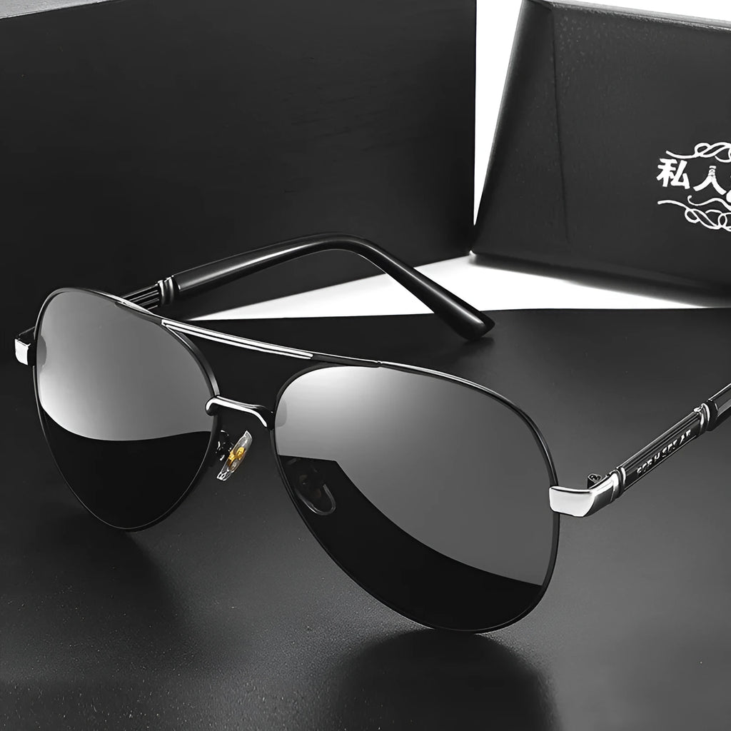 Men’s polarized metal sunglasses with grey lenses, black frame and dragon phoenix detail