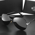 Men’s polarized metal sunglasses with grey lenses, black frame and dragon phoenix detail