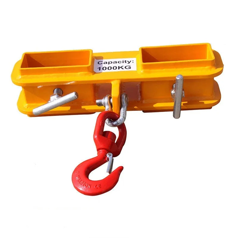 Forklift hook lifting attachment with rotatable hook and safety locking device