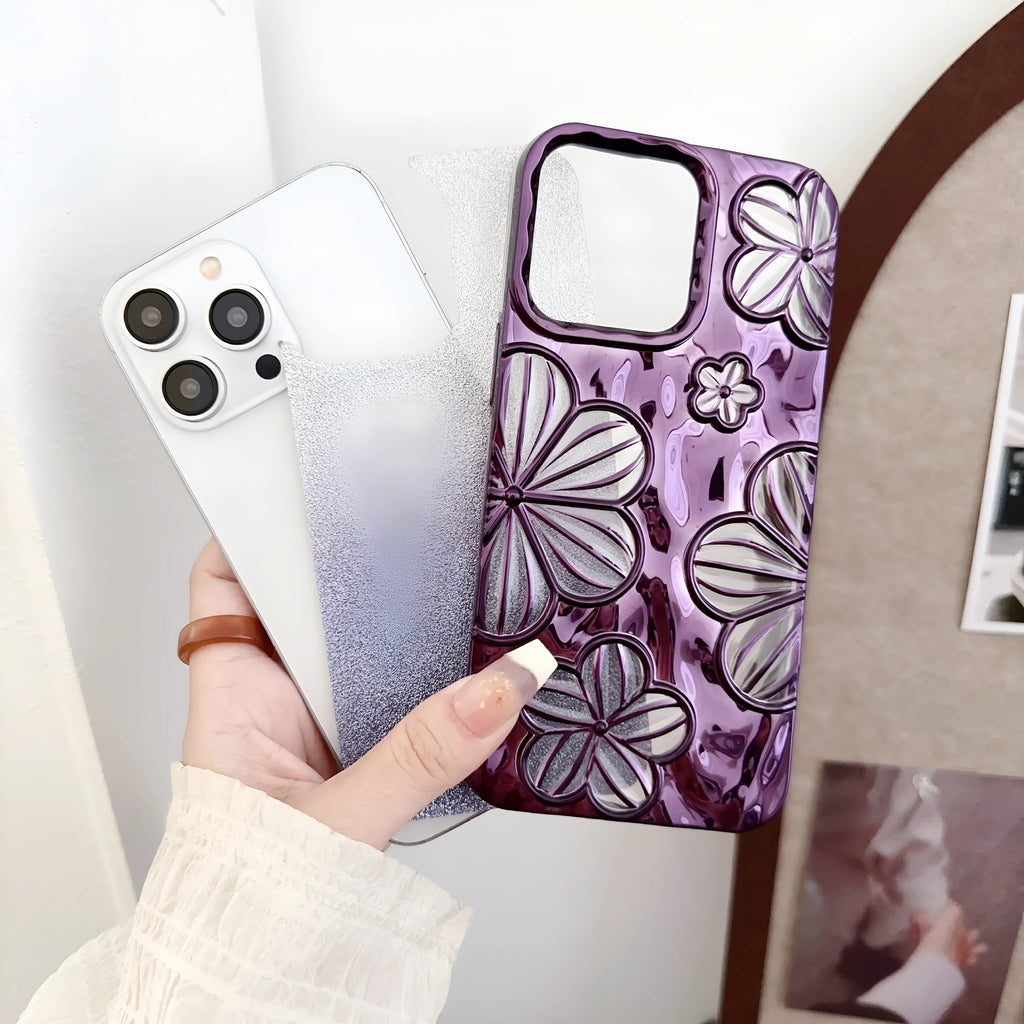 Electroplating pleated flower iPhone case in gold with soft shell and fall protection, for iPhone 11 to 15 Pro Max