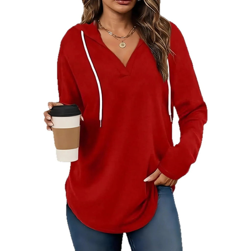 Women's black V-neck hooded sweatshirt with loose fit and regular long sleeves for autumn wear