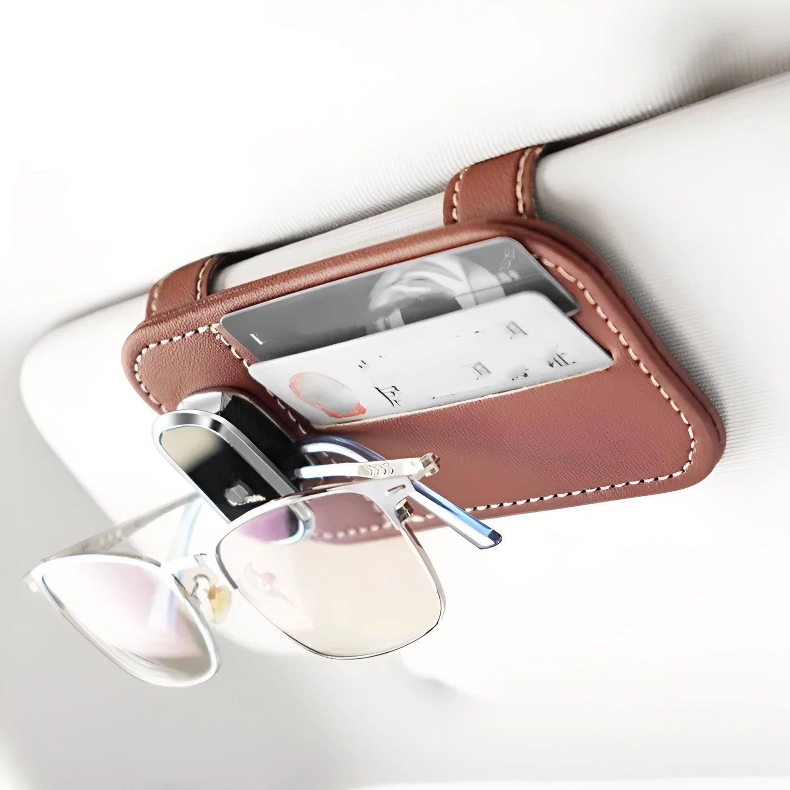 Genuine cowhide leather car sun visor organiser with card slots and integrated glasses clip
