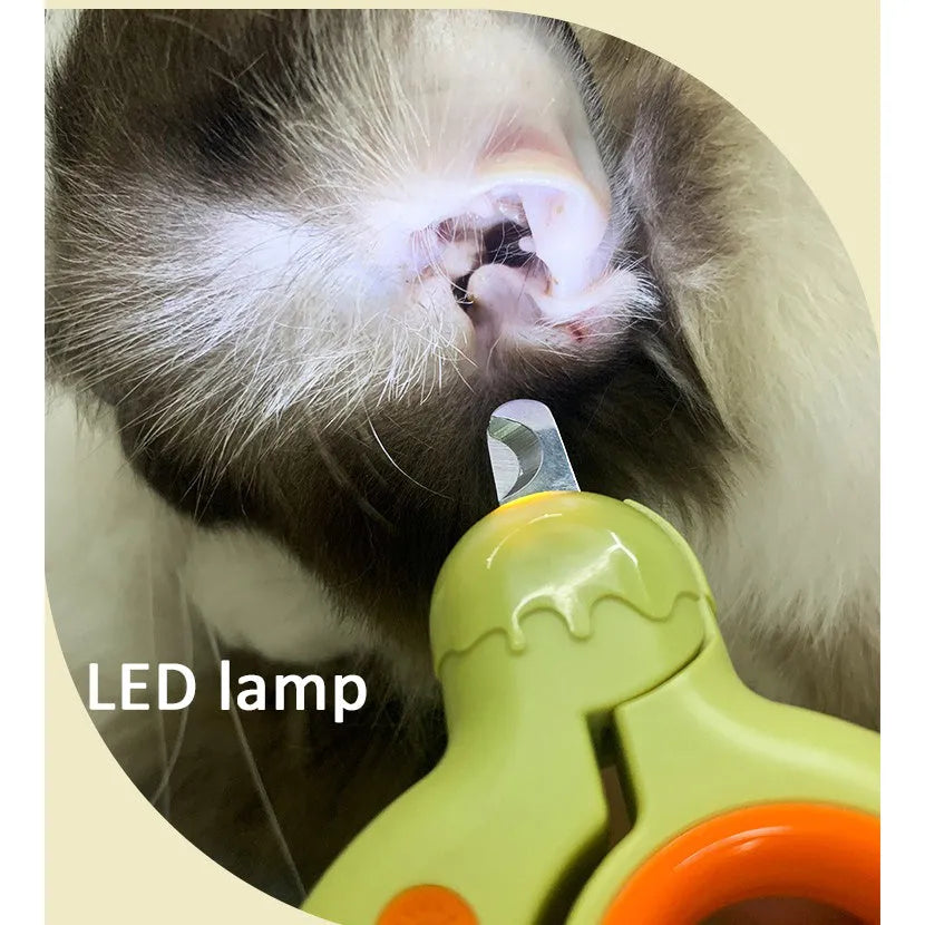 Blue pet nail clippers with LED light on, showing non-slip handles and stainless steel blade.