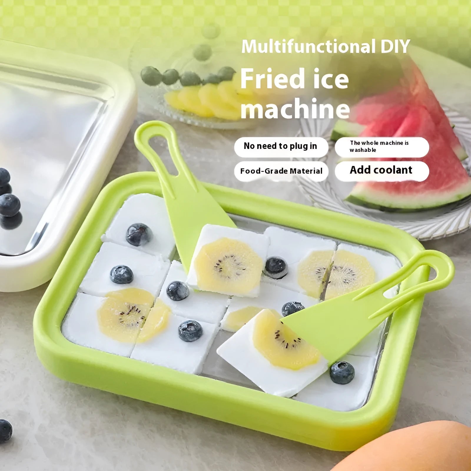 Green handmade DIY fried yogurt machine with aluminium gasket, 22.5 cm wide.