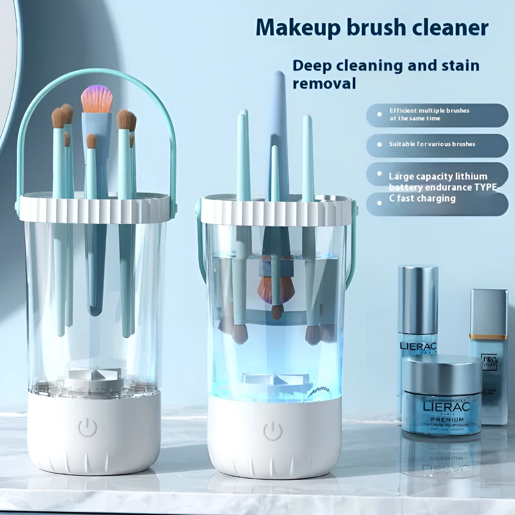 White rechargeable electric makeup brush cleaning unit with USB cable.