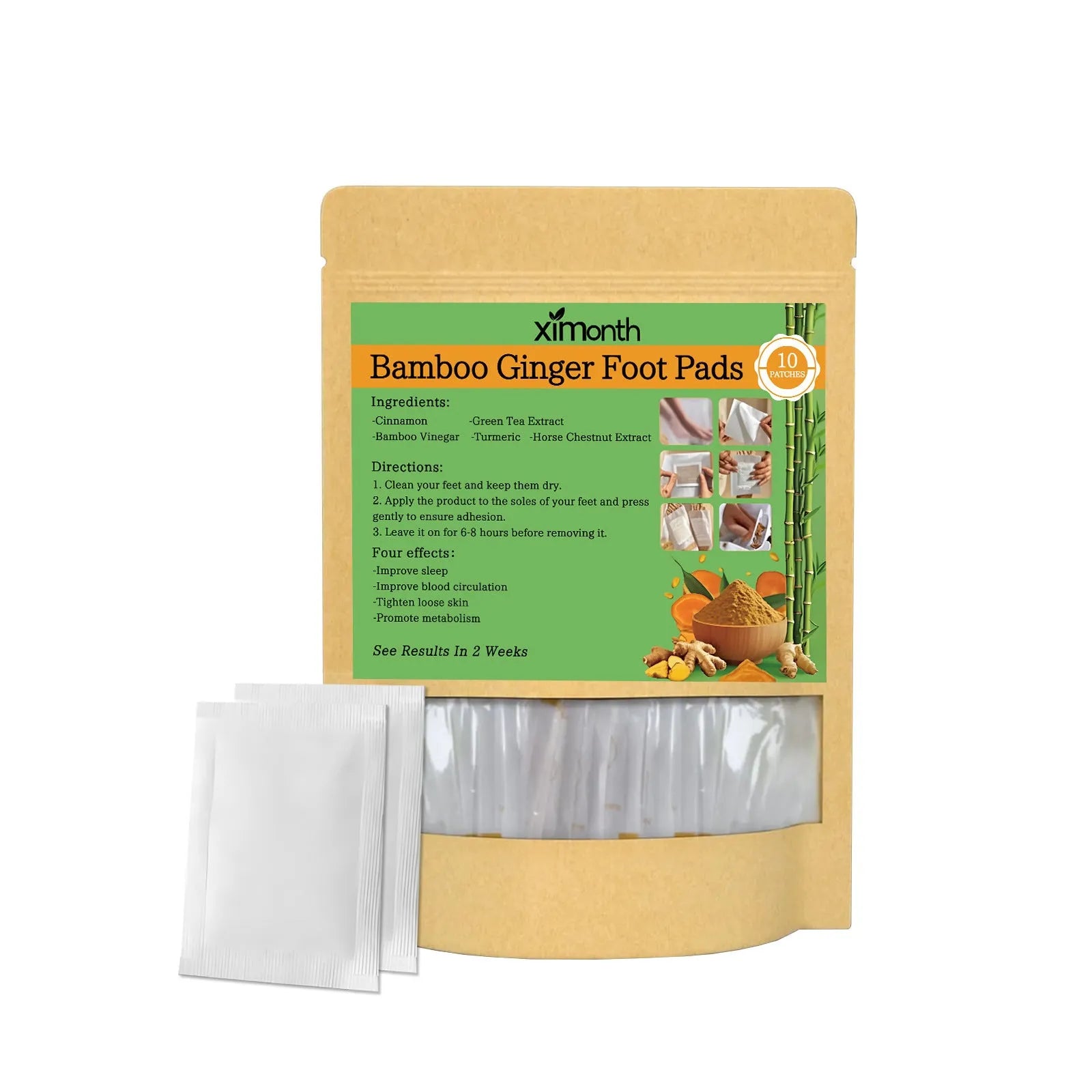 Health patch adhesive bandage pack containing 10 patches with natural ingredients including ginger and turmeric.
