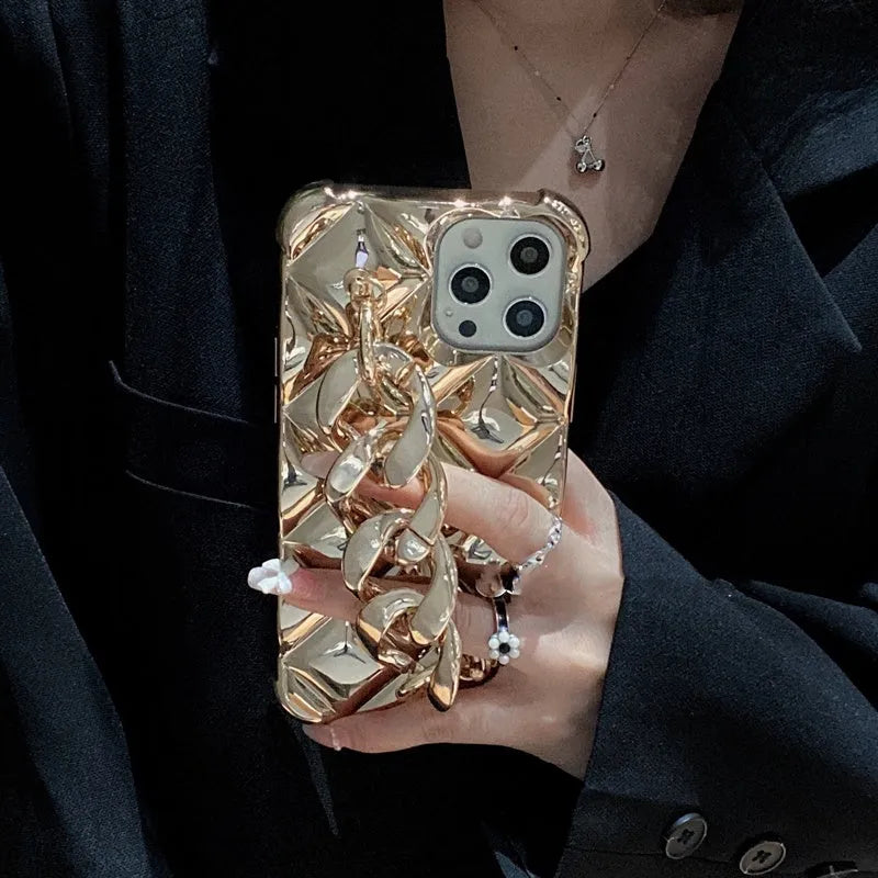 Diamond gold silicone phone case with golden chain for iPhone, front and back view