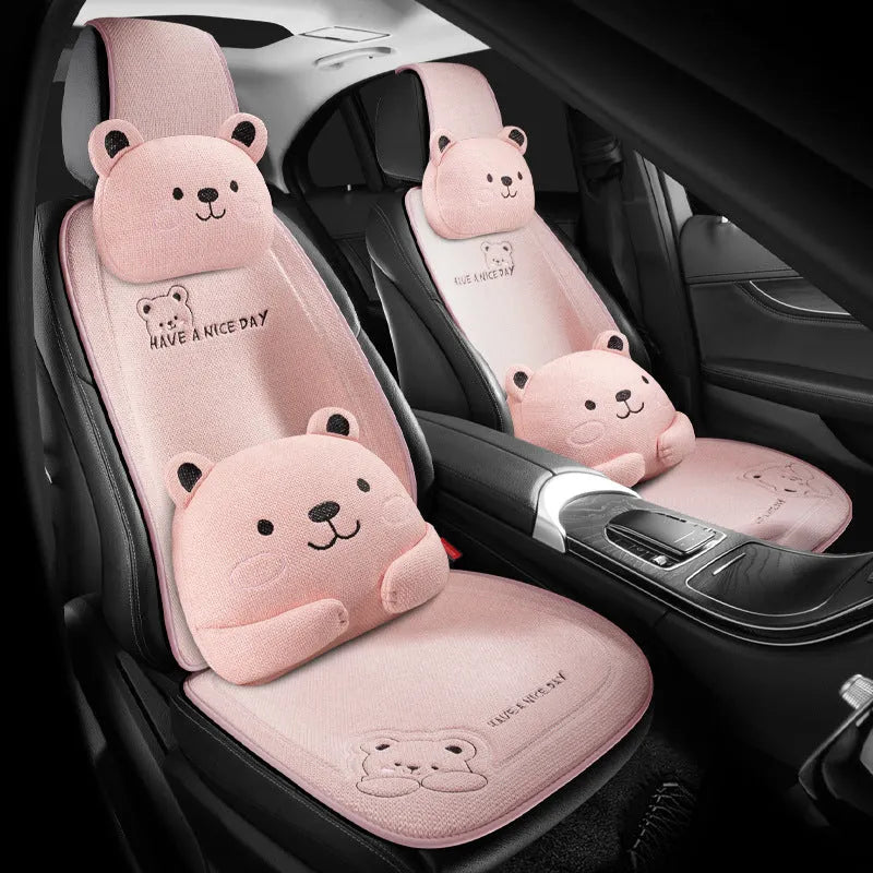 Car seat cushion set showing headrest and lumbar support cushions in linen fabric