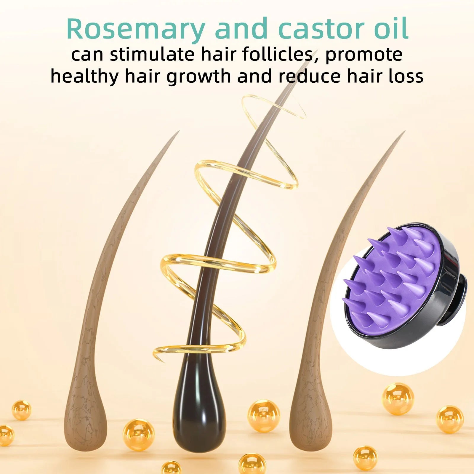 118ml bottle of bright yellow hair treatment oil with a plastic massage brush applicator for dense long hair.