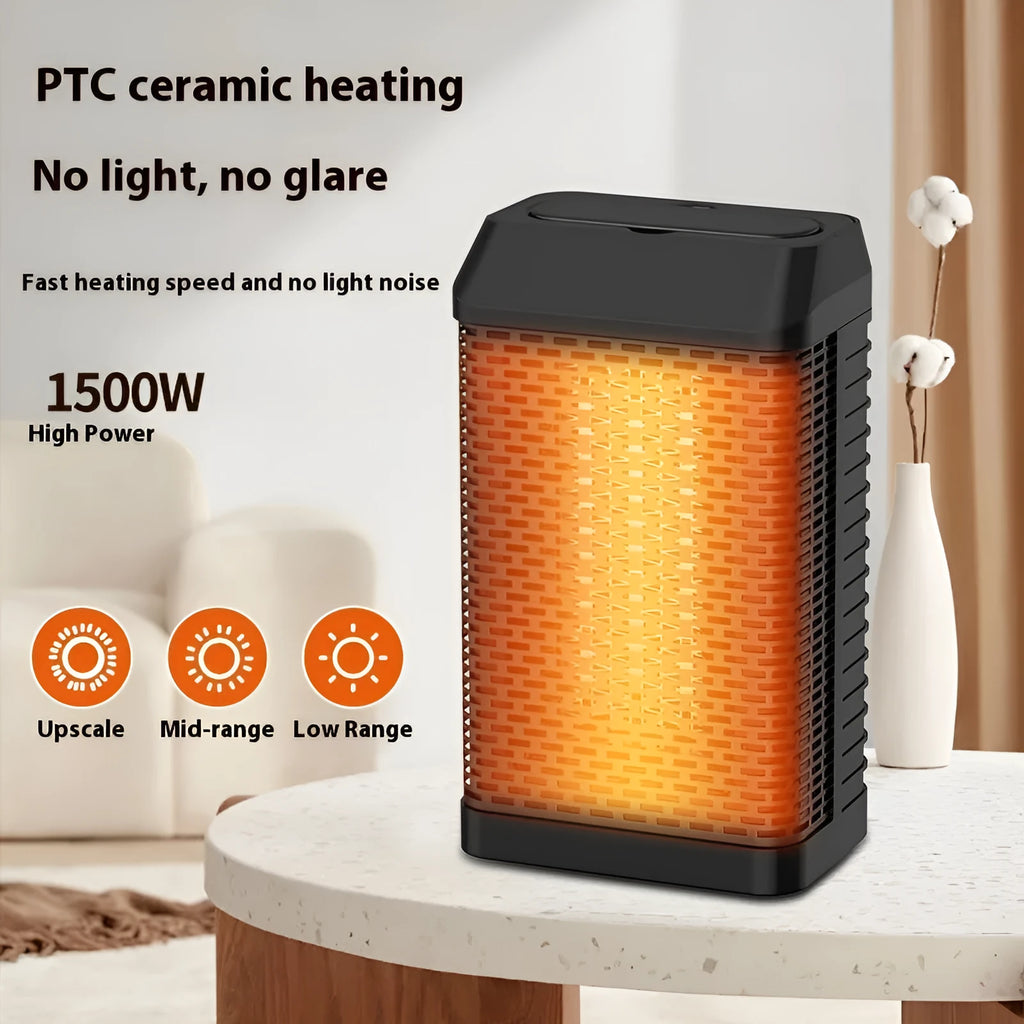 Black smart desktop heater with remote control on a wooden desk, showing digital display and shaking head louvres.