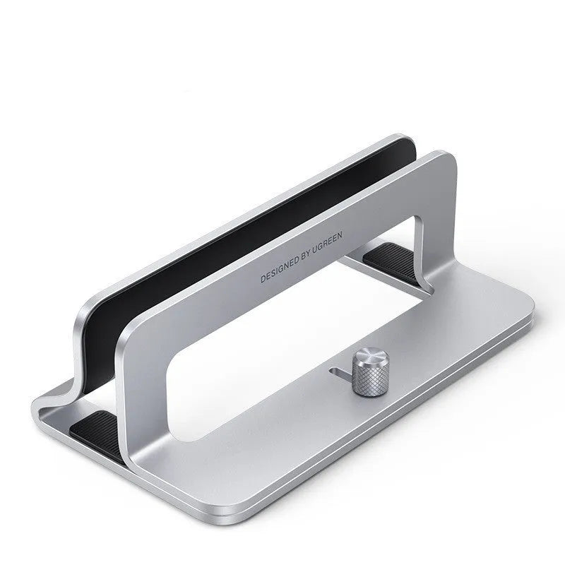Silver aluminium alloy laptop cooling bracket with width adjustment slots for vertical notebook stands