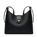 Black PU bucket bag with a single shoulder strap, showing contrast stitching and a lock detail.