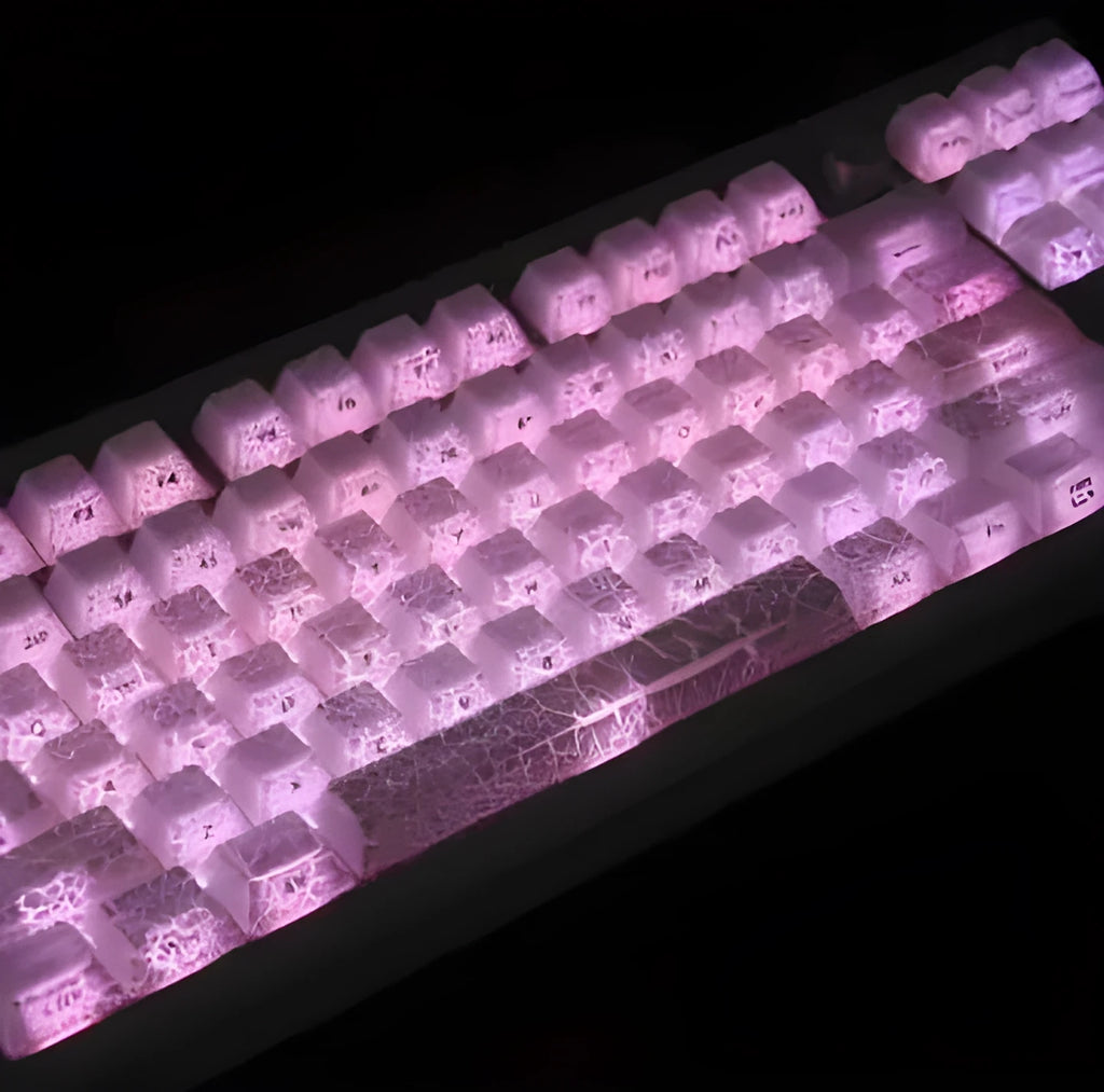 White stitched transparent mechanical keyboard keycaps in Qingying packaging