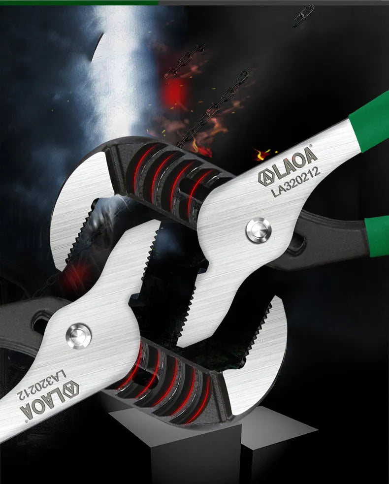 Adjustable water pipe wrench with CR-V steel jaws and multi-gear mechanism in four sizes