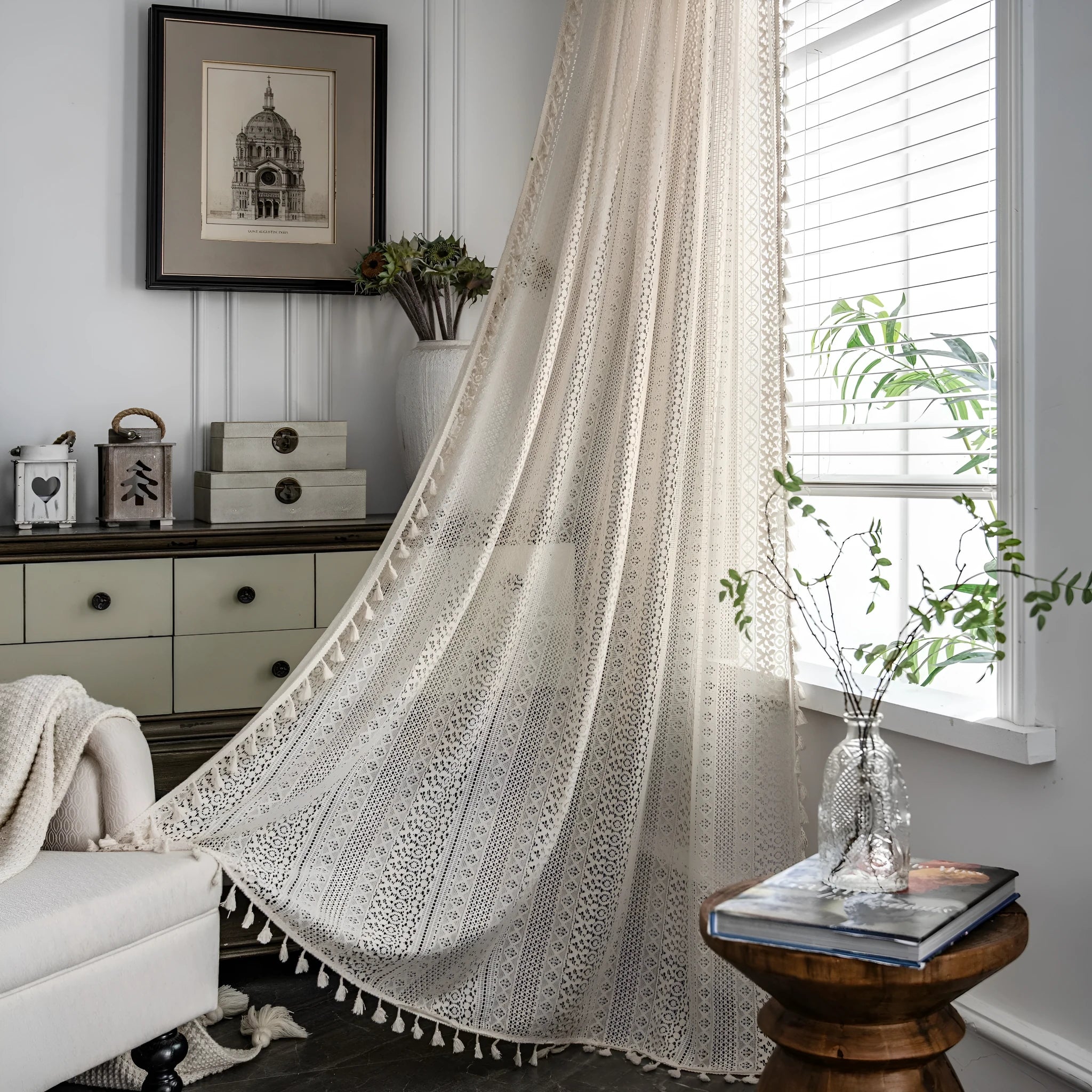 Translucent American country hollow crochet curtain made from 60% cotton in a rice broom colour