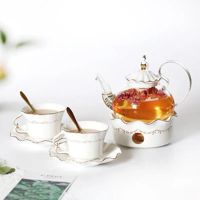 Afternoon tea set with 6 ceramic cups and saucers, borosilicate glass teapot, hand-painted gold, and iron frame spoon holder in gift box