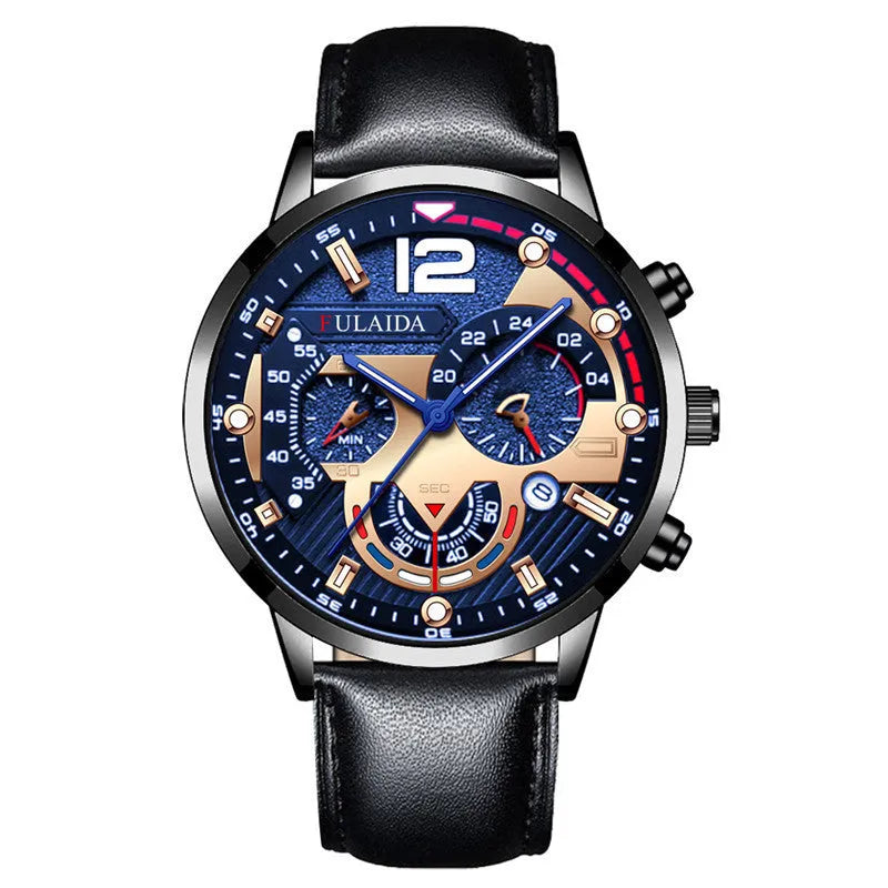 Men's casual quartz watch with calendar, genuine leather strap, rose gold buckle, alloy case, 37mm dial