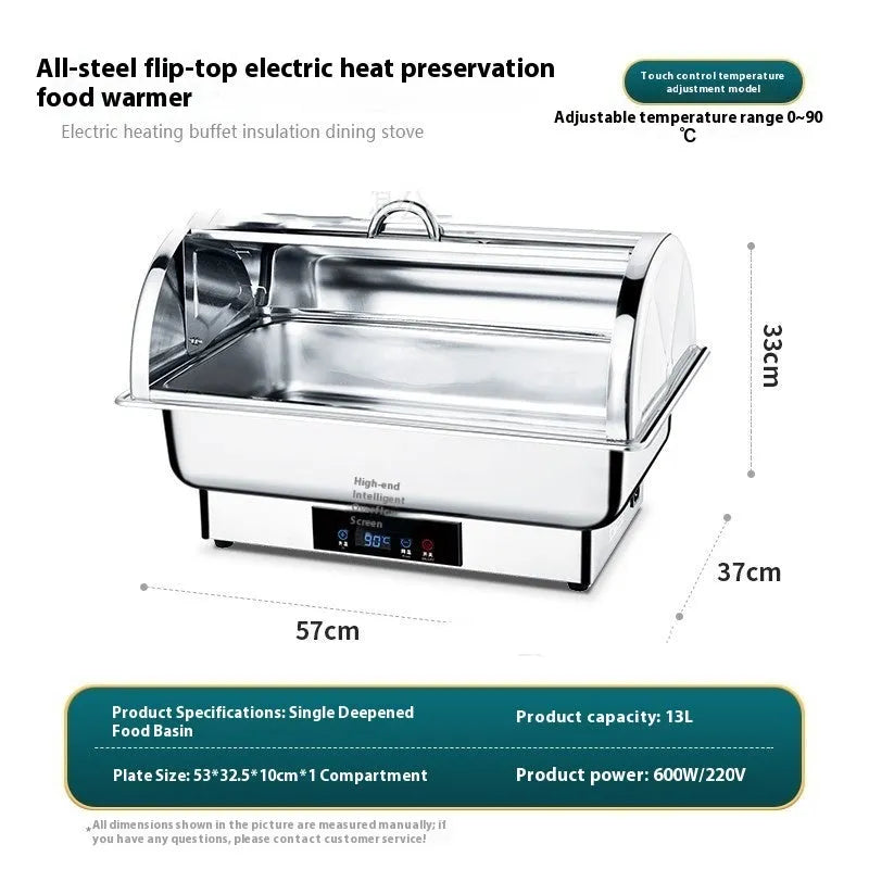 Stainless steel electric buffet stove with transparent flip lid showing LCD temperature control