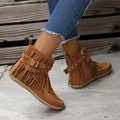 Retro ankle boots with rivet tassel flat heel suede women winter boots black