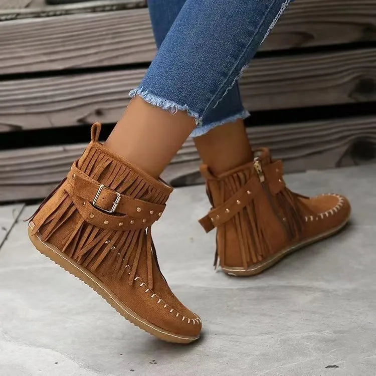 Retro ankle boots with rivet tassel flat heel suede women winter boots black