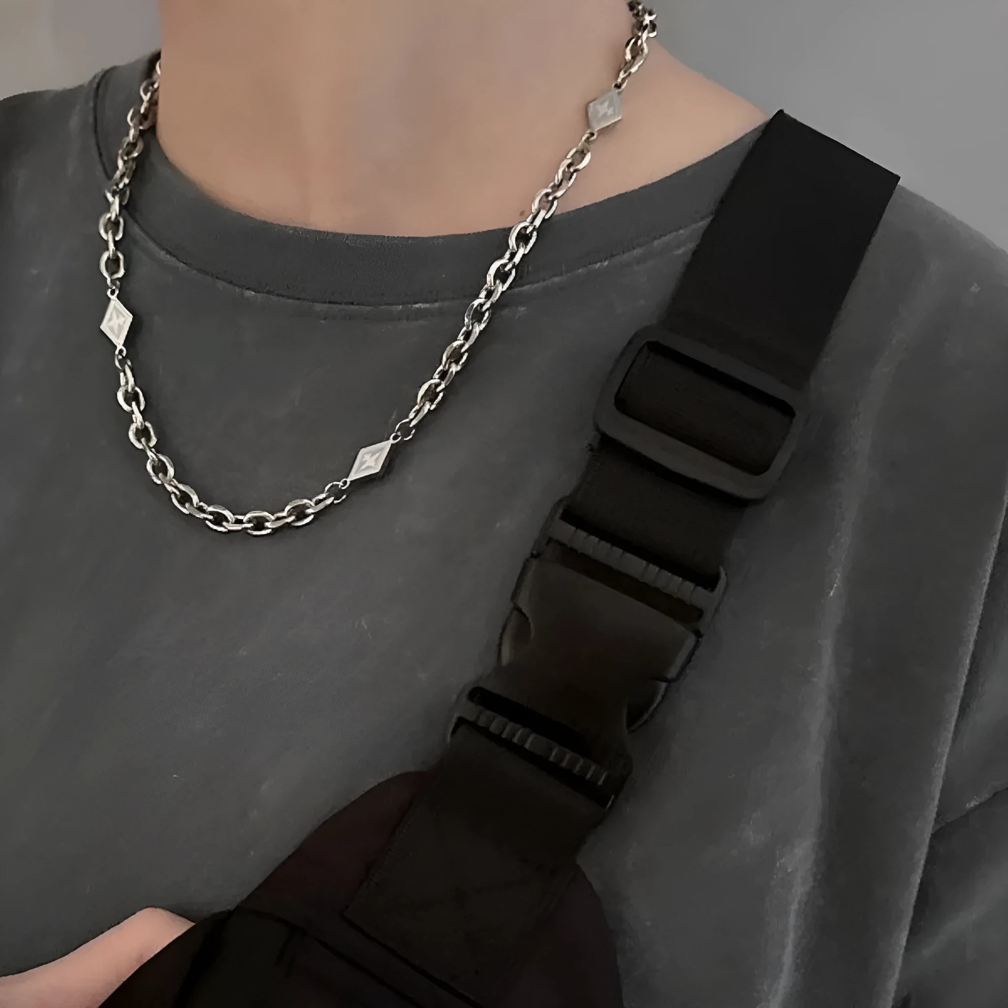 Men's titanium steel diamond pendant necklace on Cuban link chain
