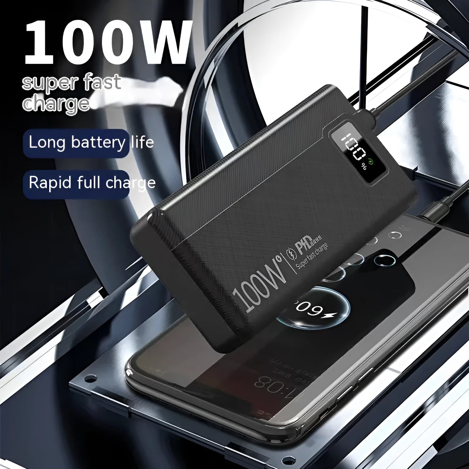 Large black and white power bank showing size comparison next to a mobile phone.