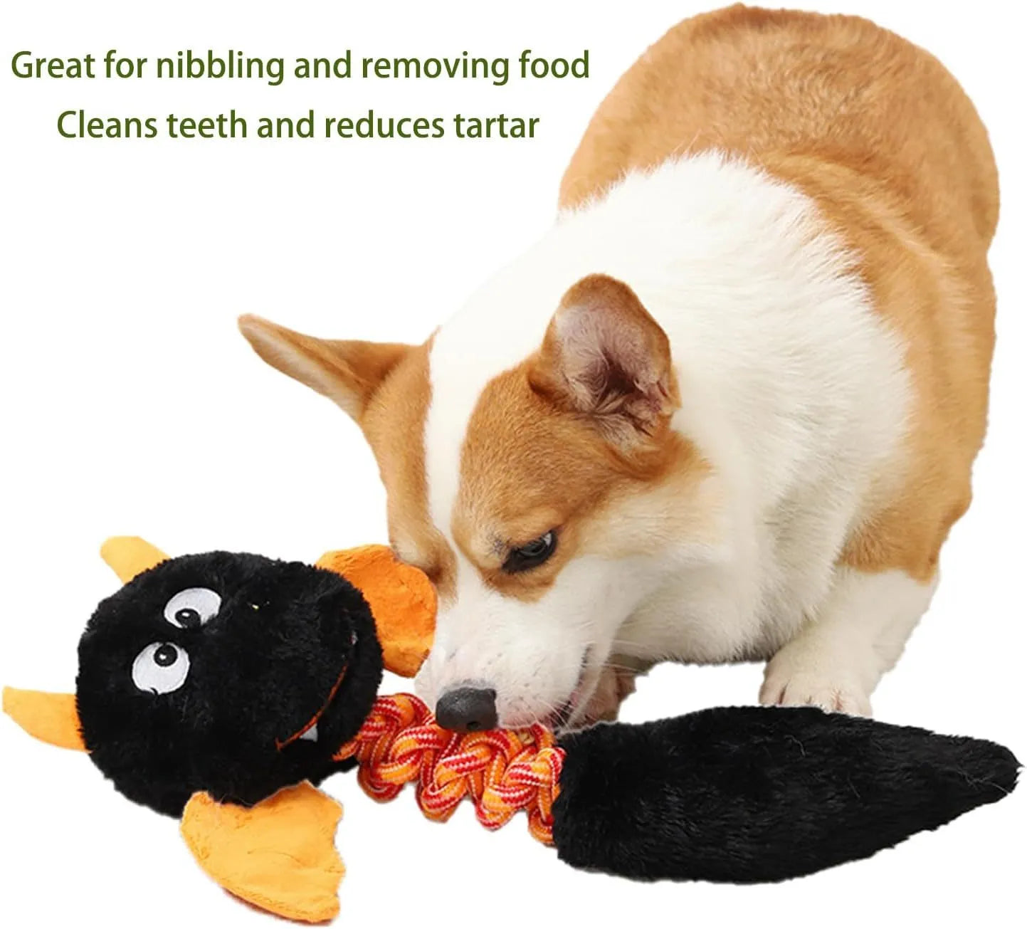 Cartoon-style plush dog toy with a chew rope, shown in black, green, or red colours.