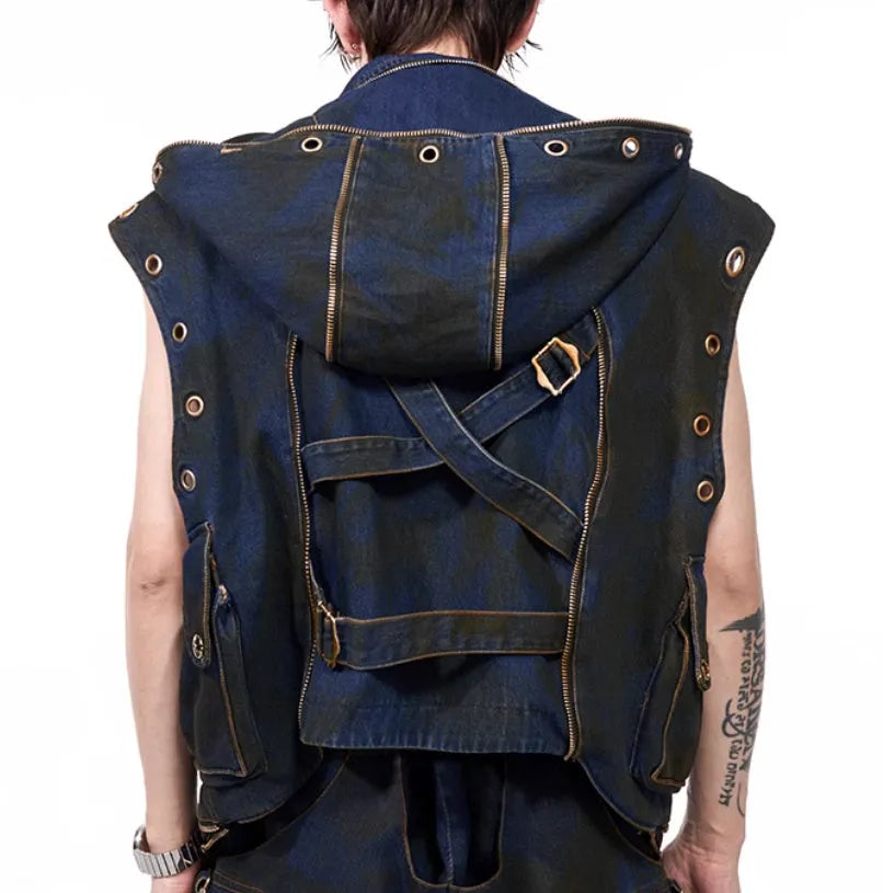 Blue hooded denim vest coat and trousers set with Korean style heavy industry deconstruction