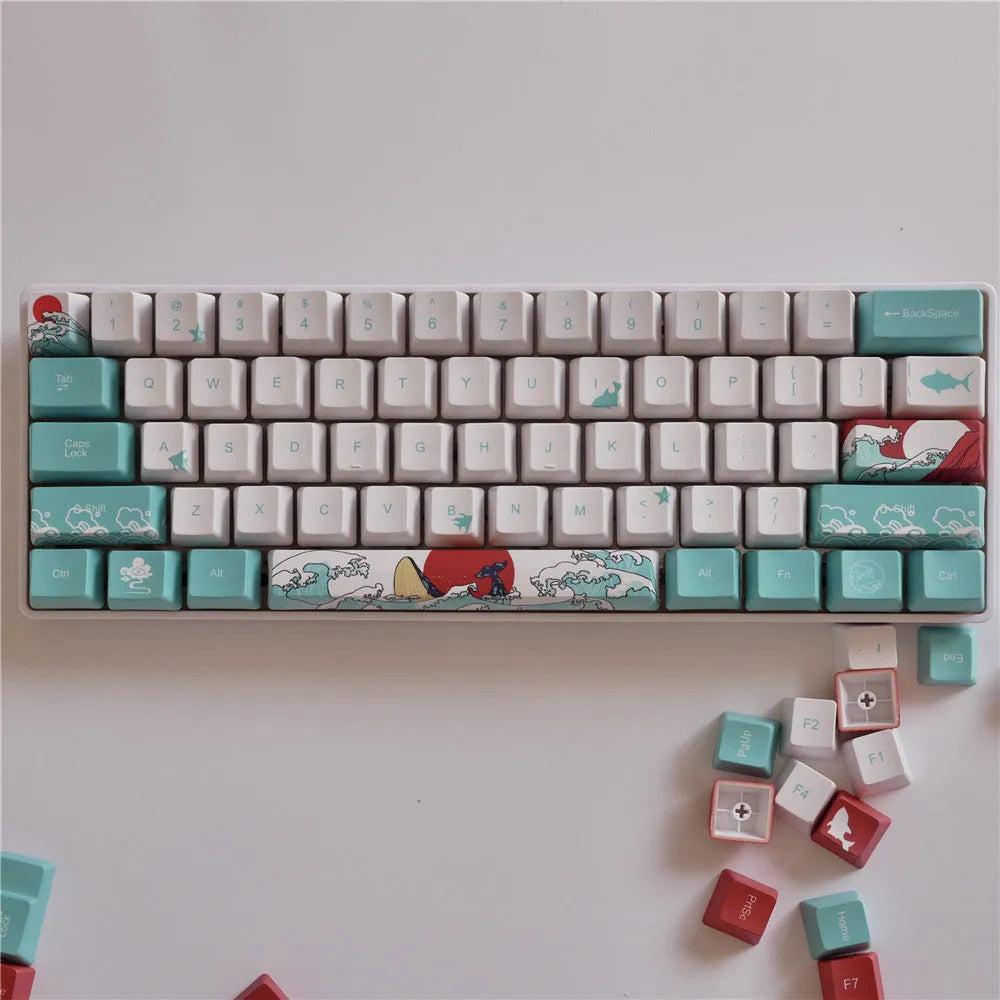 Coral Sea themed PBT keycaps with five-sided sublimation printing for mechanical keyboards
