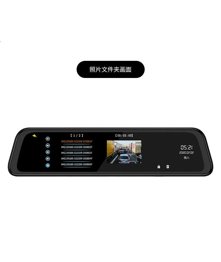 Black 12-inch voice-activated rearview mirror tachograph with touch screen and wide-angle camera