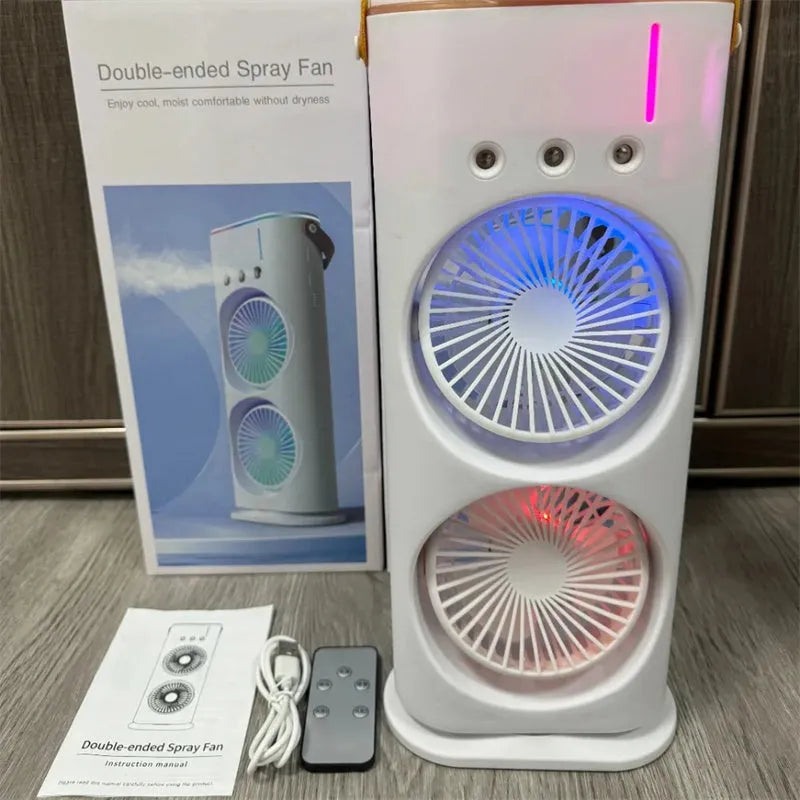 White portable humidifier fan with double heads, remote control, and USB cable